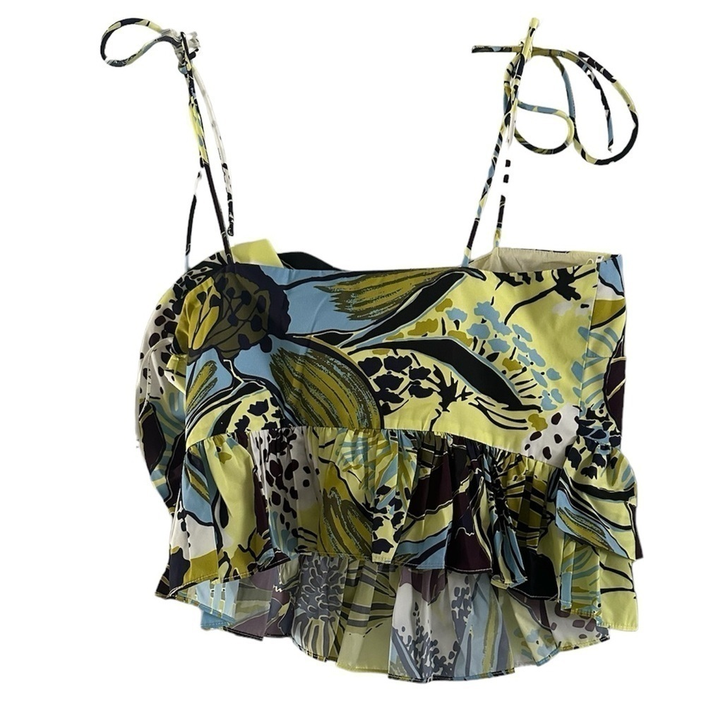 Tanya Taylor Lime, Blue and Black Floral Ruffle Crop Top - Picture 4 of 7